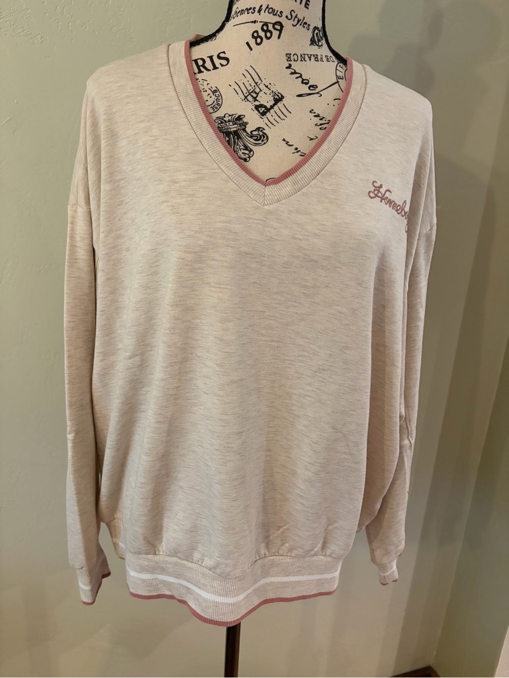Tan V-Neck Women's Sweatshirt with Contrast Trim
